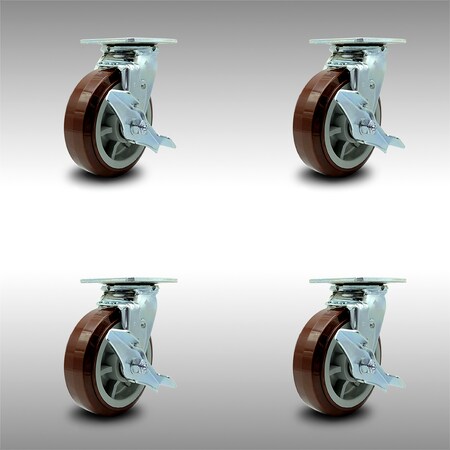 Service Caster 6 Inch SS Polyurethane Swivel Caster Set with Roller Bearings and Brakes SCC SCC-SS30S620-PPUR-TLB-4